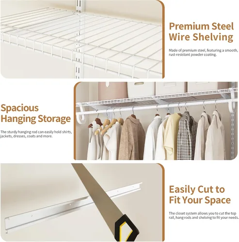 Vista 6 de PROWORX Kit de sistema organizador de armario expandible de 2 a 4 pies, estantería de alambre de metal blanco personalizado, estantes