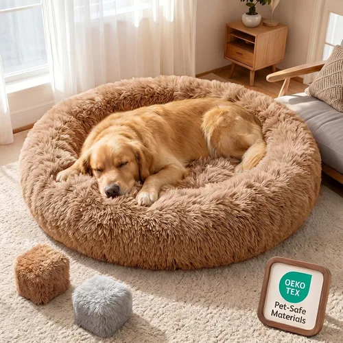 Vista 12 de Cama ortopédica con forma de dona de alta calidad para perros de tamaño grande, cama ortopédica de espuma viscoelástica doble para perros