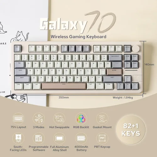 Vista 2 de EPOMAKER Galaxy70 - Teclado inalámbrico para juegos, 75% de aluminio, Bluetooth 5.02.4GHzUSB-C con cable, programable, intercambiable en caliente