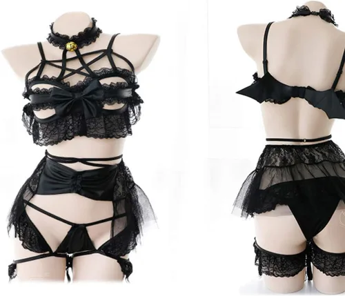 Vista 4 de Traje de encaje sexy para mujer, con correa de lencería de anime Lolita Cosplay