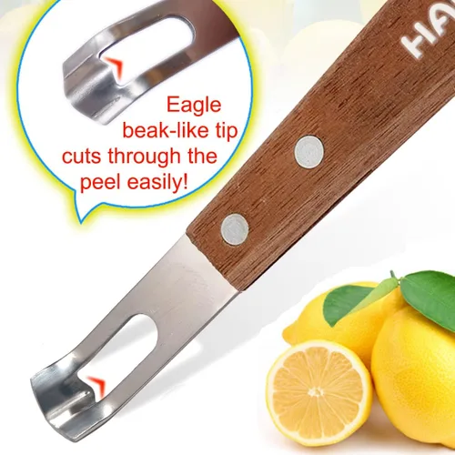 Vista 2 de Cuchillo de canal Zester - Herramienta de frutas y verduras para decorar cócteles, postres y ensaladas, mango de madera con punta de acero inoxidable