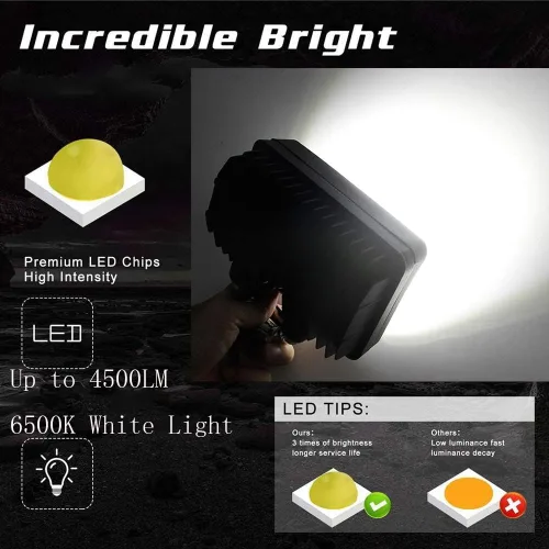 Vista 2 de Paquete de 4 luces LED de trabajo de 6.3 pulgadas, rectangular, 12/24 voltios CC 45 W, 4500 lm, barra de luz LED brillante de 6500 K, resistente al