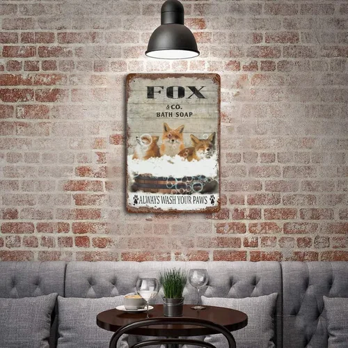 Vista 5 de Placa colgante de hierro vintage con diseño de zorro, letrero de hojalata vintage con texto en inglés "Wash Your Paws", letrero de metal para bar