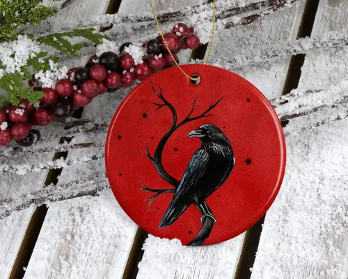Vista 2 de Crow On Branch - Adorno de cuervo – Adorno de Navidad – Adorno de Navidad – Adorno de cerámica para él, su esposa y esposo impreso en ambos lados
