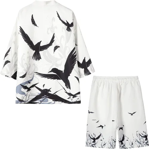 Vista 2 de PRIJOUHE Kimono japonés para hombre, holgado, frente abierto, manga siete kimono, chaqueta con pantalones cortos