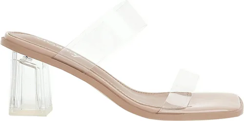 Vista 4 de vivianly Sandalias de tacón transparente para mujer, tacones gruesos transparentes, sin espalda, puntera abierta, sin cordones, zapatos de vestir