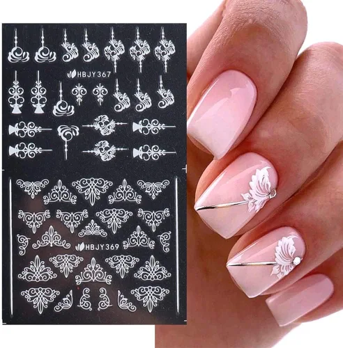 Vista 3 de Calcomanías de Arte de Uñas de Flores, Calcomanías de Uñas de Flores Blancas Suministros de Arte de Uñas 3D Encaje Retro Hoja de Flor Enredadera