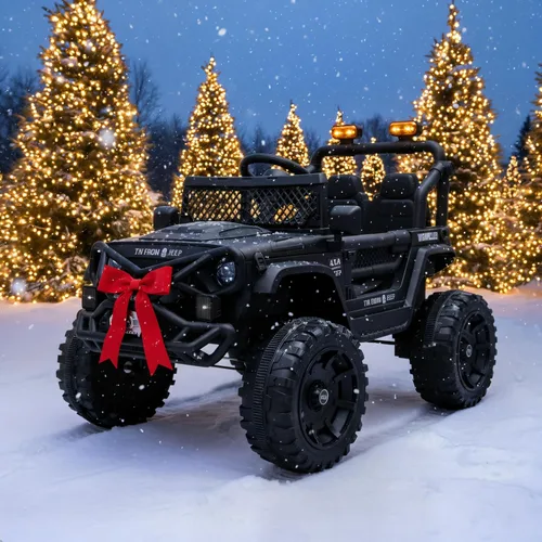 Vista 7 de Vehículo de 12 V para niños estilo Jeep con control remoto, música e historias Bluetooth, faros LED, absorción de golpes, puertas dobles con Negro