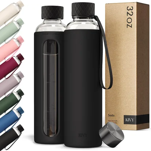 Vista 21 de KIVY Botella de agua de vidrio con funda de silicona de 22 oz