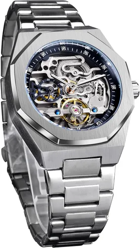 Vista 9 de FORSINING Reloj Vintage para Hombres Grabado Automático de Cuerda Automática Mecánico Esfera Grande Luminosa Fase Lunar Dorado Hueco Patrón de Negro
