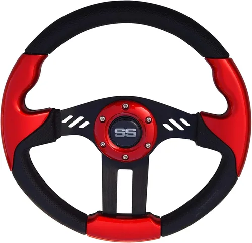 Vista 3 de Huskey E-Z-GO - Volante rojo con radios cepillados, agarre de textura de fibra de carbono, adaptador de cubo negro mate para medallista TXT RXV