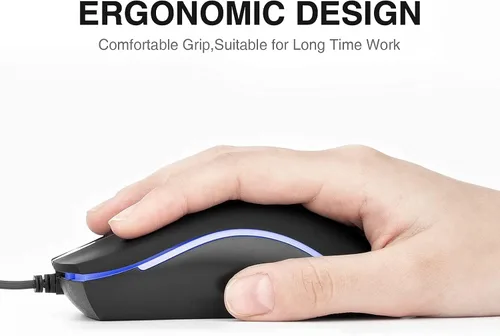 Vista 5 de Rii Ratón con cable RM105, mouse de computadora con retroiluminación RGB colorida, agarre cómodo óptico ergonómico, ratones con cable USB compatible
