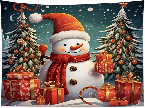 Vista 5 de HVEST Tapiz navideño de muñeco de nieve para colgar en la pared, divertido muñeco de nieve con sombrero rojo de Navidad y tapiz de regalo, tapiz