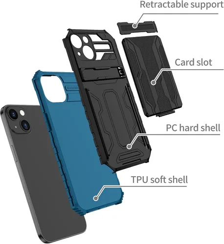 Vista 6 de UBeesize Funda para iPhone 13 con tarjetero 3 en 1 cartera con anillo Kickstand Funda protectora a prueba de golpes TPU+PC Durable Azul