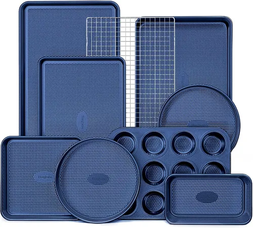 Vista 12 de HONGBAKE Juego de 9 moldes para hornear antiadherentes, apilables no tóxicos con textura de diamante, juego de bandejas para horno para cocinar