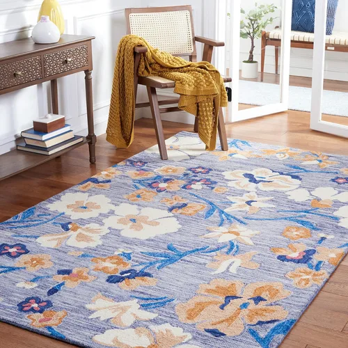 Vista 4 de SAFAVIEH Jardin Collection - Alfombra de pasillo, 2 pies 3 pulgadas x 8 pies, azul y marfil, lana floral hecha a mano, ideal para zonas de alto