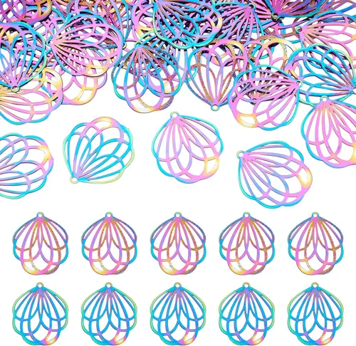 Vista 39 de FASHEWELRY 50 piezas de conectores de filigrana de mariposa de acero inoxidable, adornos de metal grabados con arco iris para fabricación de joyas