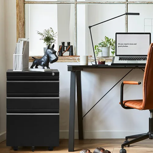 Vista 8 de Archivadores móviles de 3 cajones de metal con ruedas para archivos legales y de cartas, diseño anti-inclinación con cerradura debajo