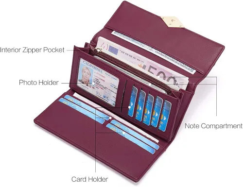 Vista 3 de Cartera de cuero suave para mujer, con tres pliegues y organizador de tarjetas