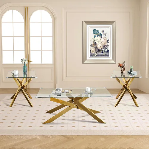 Vista 12 de Mesa de centro rectangular moderna de cristal, mesa central de vidrio templado y patas de metal chapado en oro para sala de estar, oficina en casa
