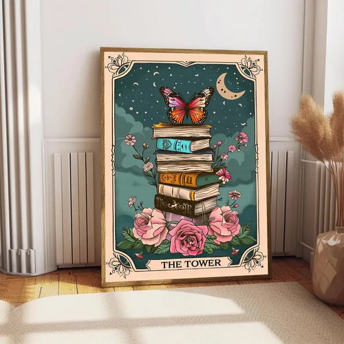 Vista 2 de Póster de libros de cartas de tarot, arte de pared, diseño de mariposa, flores botánicas, arte de pared, biblioteca, lectura, impresiones en lienzo