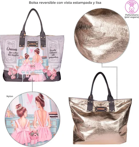 Vista 3 de Nicole Lee Bolso reversible de 2 caras grande de gran tamaño, estampado de moda, bolsa de hombro metálica de viaje