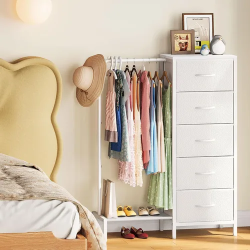Vista 7 de Snughome Cómoda con estante para colgar, perchero para colgar ropa con 5 cajones, cómoda blanca con perchero, cómoda de almacenamiento de tela