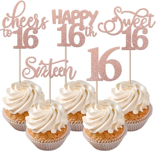 Vista 58 de Rsstarxi Paquete de 30 adornos para cupcakes de 6º cumpleaños con purpurina negra de seis Hello 6 para cupcakes Cheers to 6 años de edad