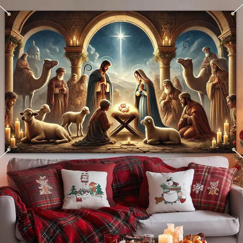 Vista 5 de BlissYard Pancarta de Escena de la Natividad 71x43 Pulgadas Pancarta de Escena del Pesebre de Noche Santa Fondo Religioso Cristiano para Iglesia
