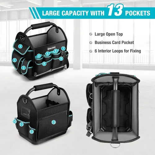 Vista 5 de DURATECH Bolsa de herramientas de 12 pulgadas con fondo duro impermeable, bolsa de herramientas para electricista con mango giratorio, bolsa