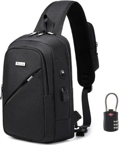 Vista 38 de DUSLANG Mochila de hombro para senderismo, bolsa cruzada para hombres, bolsas de pecho con puerto de cargador USB para campamento casual, ciclismo