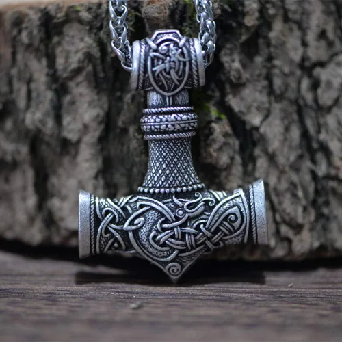 Vista 2 de Collar de martillo de Thor vikingo nórdico Mjolnir para hombre, joyería de talismán