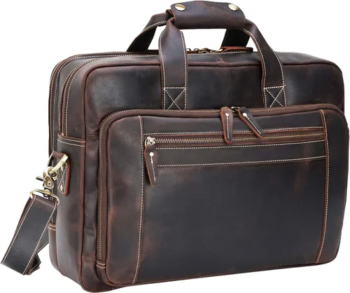 Vista 9 de Maletín para portátil de 17.3 pulgadas de cuero de grano completo sólido grueso para hombre, bolsa de mensajero clásica para viajes de negocios