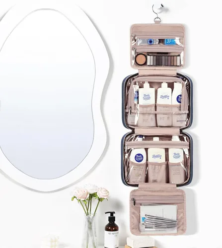Vista 2 de NISHEL Neceser de viaje para mujer, organizador colgante y portátil para champú de tamaño completo, acondicionador, juego de cepillos y accesorios
