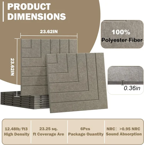 Vista 4 de Paquete de 6 paneles acústicos, paneles acústicos de 23.6 x 23.6 pulgadas para paredes, paneles decorativos autoadhesivos de amortiguación de sonido