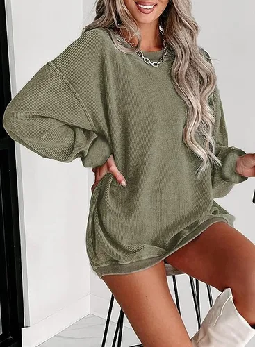 Vista 4 de Sudadera de pana de gran tamaño con cuello redondo para mujer, casual, manga larga, moderna, cómoda