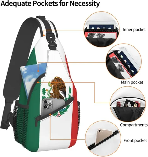 Vista 4 de Bandolera cruzada con bandera de México, mochila de viaje, senderismo, bolsa de hombro unisex para hombres y mujeres, Bandera de México 01