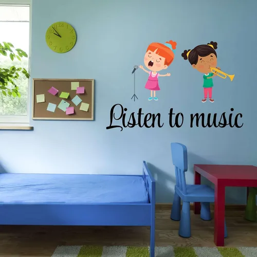 Vista 3 de Kelly Wall Decals Lindo niño de dibujos animados cantando vinilo juguetón diseño escuchar música diseño de música decoración de pared dormitorio