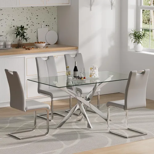 Vista 10 de Juego de mesa de comedor de cristal para 4, juego de mesa de cocina moderno de 5 piezas 52''Rectangular Glass Dining Set with 4 PU Leather