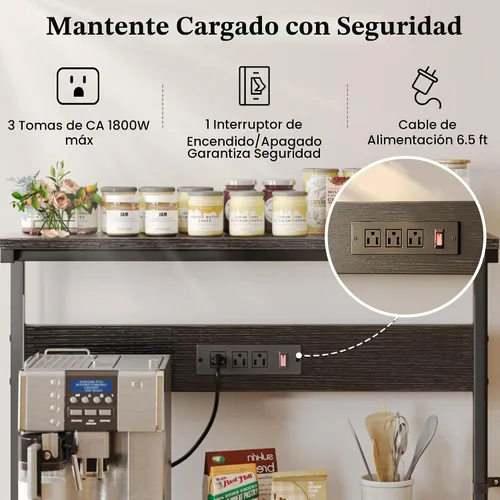 Vista 3 de SUPERJARE - Estante para panaderos con tomas de corriente, soporte para microondas de 39.4 x 14.3 pulgadas, estante de almacenamiento con estante