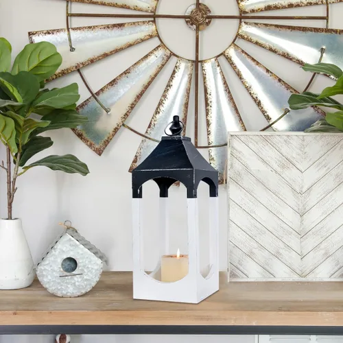 Vista 7 de NEEDOMO Farol de madera decorativo de 15 pulgadas para interiores, centro de mesa grande de decoración de farol para el hogar, candelabros rústicos