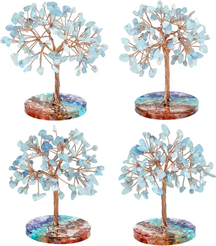 Vista 5 de rockcloud Árbol de dinero de alambre de cobre de cristal aguamarina con base redonda de resina colorida, árbol de piedra bonsái hecho a mano