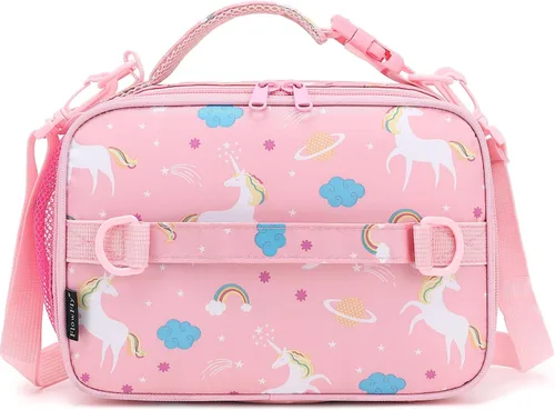 Vista 14 de Flowfly - Lonchera para niños, bolsa escolar aislada duradera con correa de hombro y soporte para botellas, minihielera térmica resistente al agua