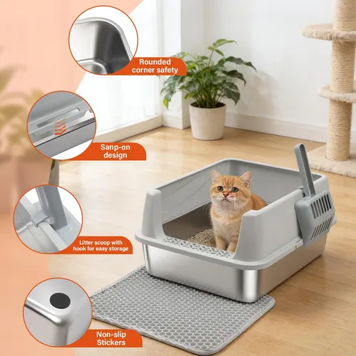 Vista 3 de Caja de arena de acero inoxidable con tapa, caja de arena de metal para gatitos, cajas de arena de entrada baja con pala y alfombra, caja de arena