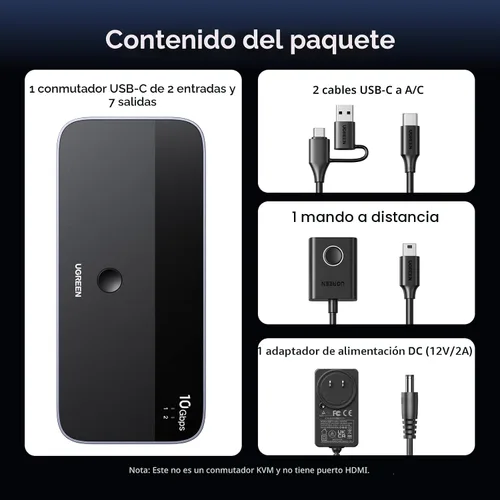 Vista 9 de UGREEN Interruptor USB 3.2 de 2 entradas y 7 salidas, interruptor de 10 Gbps para computadoras A o C compartiendo todos los dispositivos (4 A+3 C)