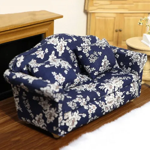 Vista 4 de Sofá de casa de muñecas, sofá en miniatura con almohadas, casa de muñecas, sala de estar, funiture a escala 1:12, modelo 3 piezas, sillón tapizado