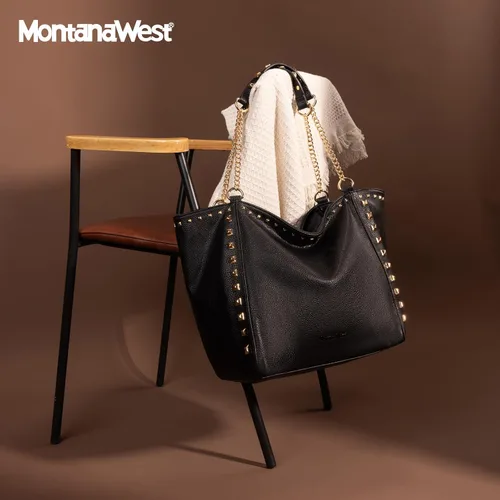 Vista 4 de Montana West - Bolso de mano grande para mujer con asa superior sobredimensionada y bolsos con cadena XL-negro