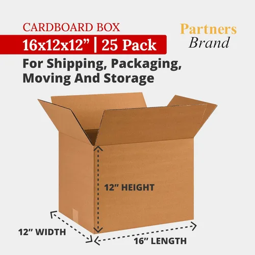 Vista 2 de Partners Brand Cajas de cartón corrugado de 16 x 12 x 12 pulgadas, 16 pulgadas de largo x 12 pulgadas de ancho x 12 pulgadas de alto, paquete de 25