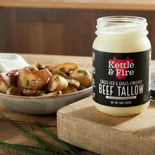 Vista 3 de Kettle & Fire Tallow de carne para cocinar Tarro de vidrio de 14 onzas Grasa de cocción premium 100% alimentado con pasto y acabado Apto