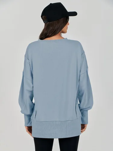 Vista 6 de LOGENE Sudadera de gran tamaño para mujer, cuello redondo, manga larga, casual, con abertura, ropa de otoño 2023